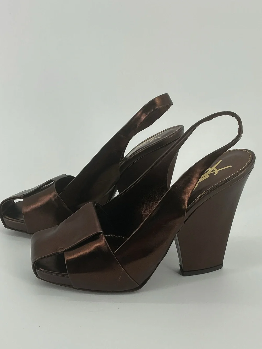 Yves Saint Laurent YSL Bronze Metallic Leather Slingback Heels 38.5